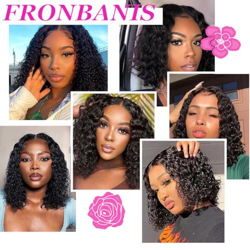 Glueless Wigs Human Hair Pre Plucked Pre Cut Wear and Go Glueless Wig for Beginners Bob Wig Human Hair 180% Density Deep Wave Curly Lace Front Wig 12 Inches Natural Black