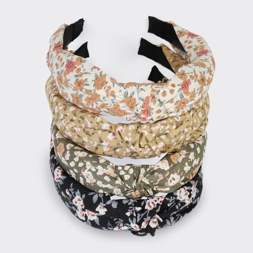 Huachi Headbands for Women and Girls, 4 Packs Fashion Flower Printed Knotted Head Bands for Women’ s Hair, Non Slip Boho Wide Thick Top Knot Hairbands, Womens Trendy Hair Accessories