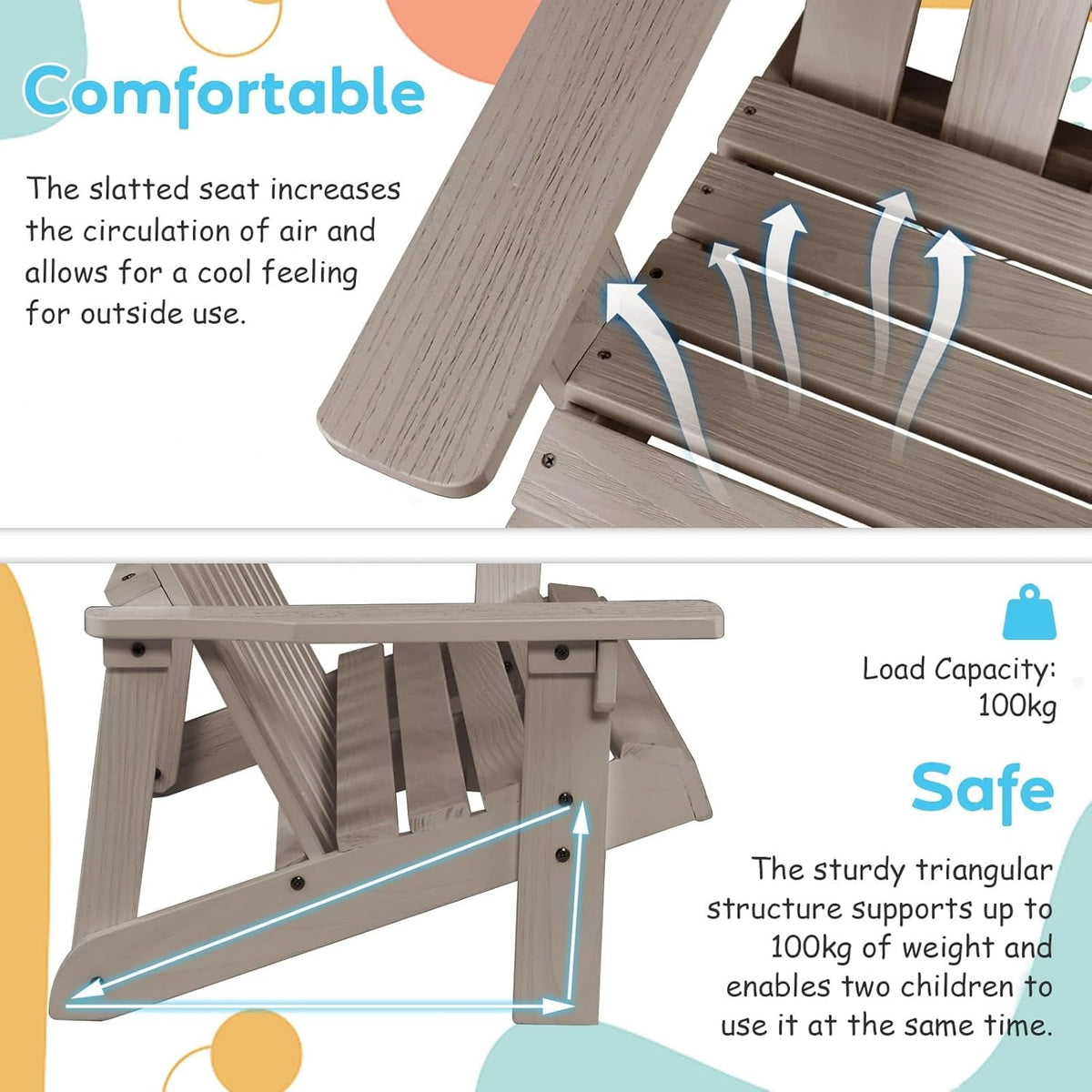 ZgoodZ Small 2-Seat Adirondack Chair - Fir Wood Double Loveseat with High Backrest,Arm Rest,300 LBS Weight Capacity, Outdoor All Weather Porch Chair for Balcony,Backyard,Poolside,Yard(Khaki Grey)