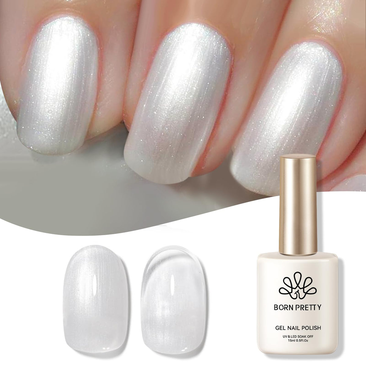 Born Pretty Pearl Gel Nail Polish, Shimmer Glitter Shiny White Pearlescent Nail Polish White Mermaid Gel DIY Manicure Art Gift 15ML