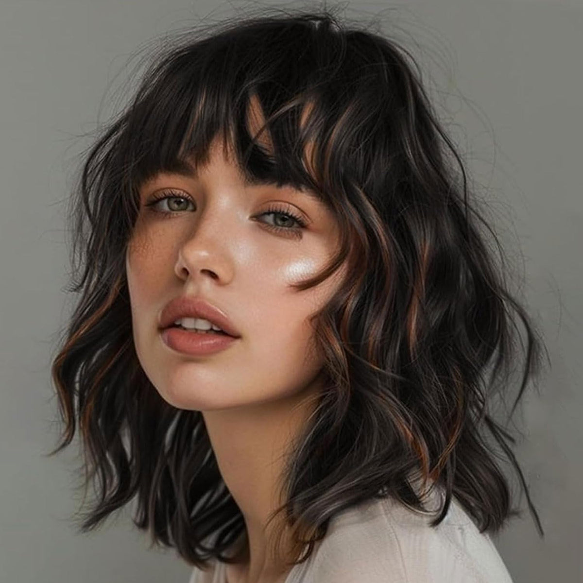 Lativ Black Mix Brown Wig with Bangs Short Wavy Wigs for Women Shoulder Length Curly Bob Wigs 14 Inches for Halloween Cosplay Daily Party Use