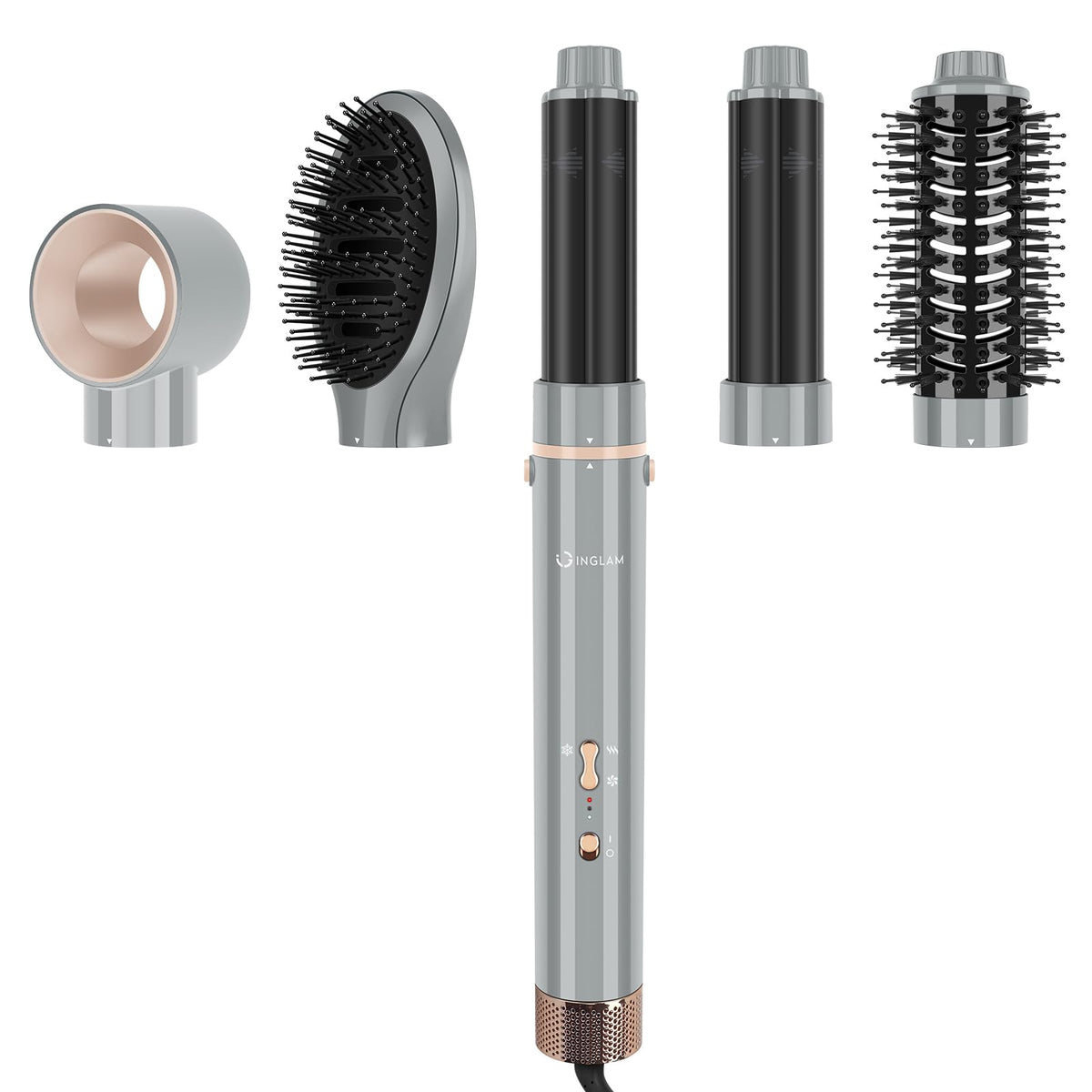 IG INGLAM MegaAIR Styler, 5 in-1 Professional Interchange Hair Dryer Brush 110,000 RPM Brushless BLDC Motor Ionic Hot Air Styler Volumizing and Shape, Gray