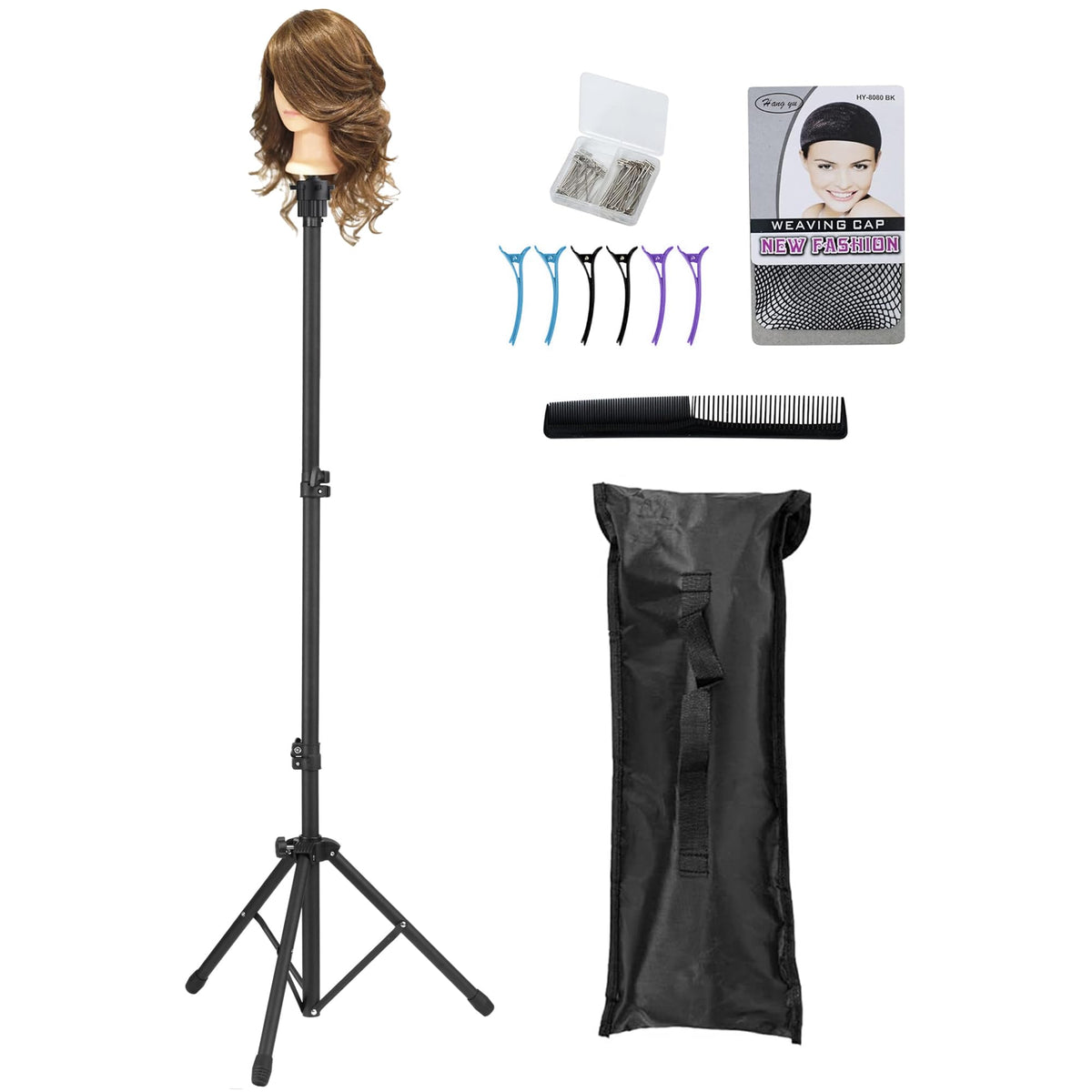Auroras Mannequin Head Stand, Wig Stand Tripod, Adjustable Wig Head Stand with Carrying Bag, Wig Tripod for Cosmetology Hairdressing Training (Mannequin Head Not Included)