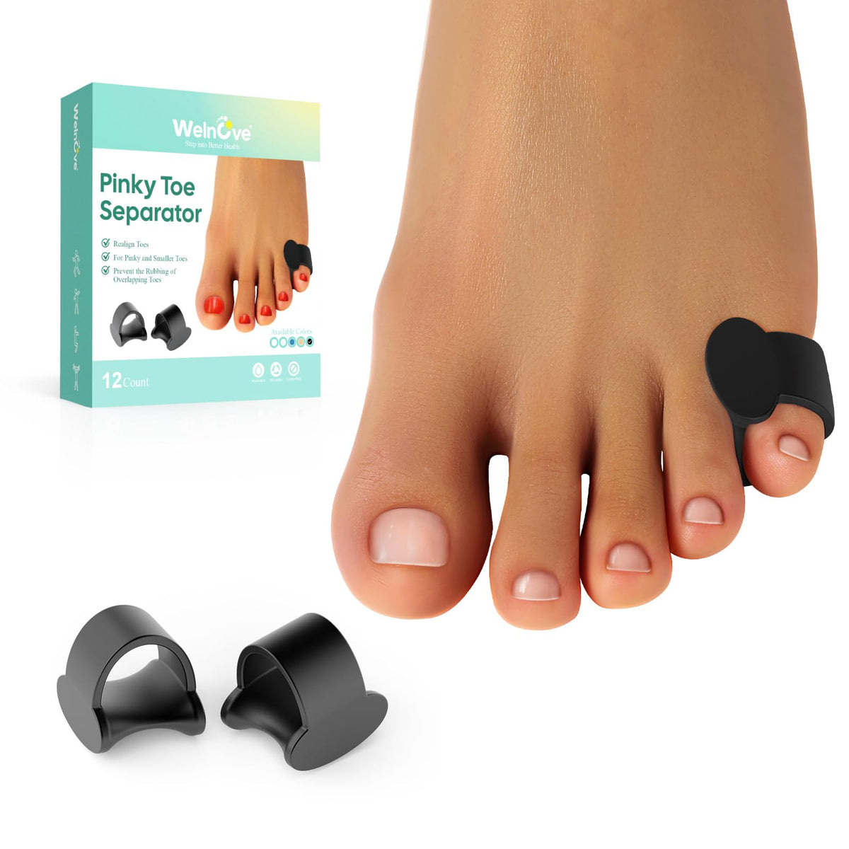 Welnove Pinky Toe Separator, 12 Pcs Black Gel Toe Spacers Bunion Corrector for Feet Women and Man, Little Toe Cushions for Curled Overlapping