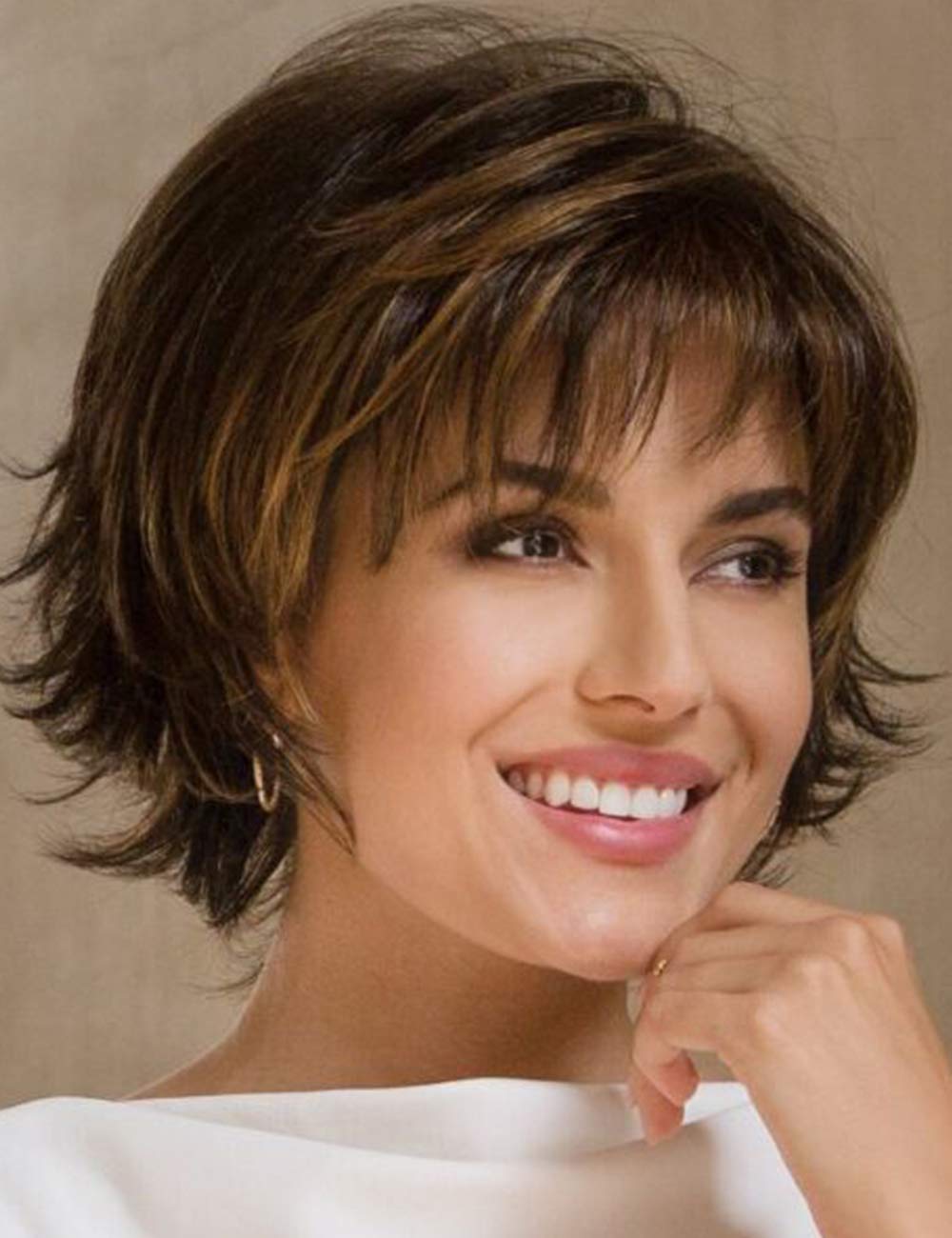 RENERSHOW Brown with Blonde Highlights Wavy Short Pixie Wigs for White Women Natural Looking Synthetic Wig with Bangs Layered Short Haircuts for Daily Party