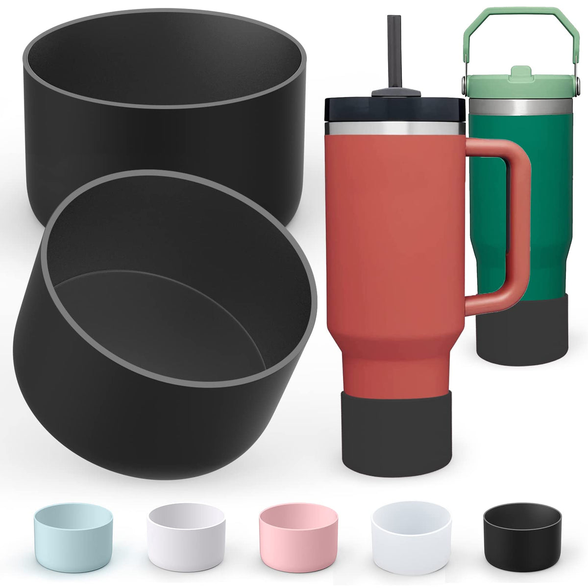 AIERSA 2Pcs Silicone Boot Sleeve for Stanley Quencher 40 oz 30 oz Tumbler with Handle & for IceFlow 20oz 30oz, Protective Water Bottle Cup Bottom Bumper Cover for Stanley Tumbler Accessories, Black