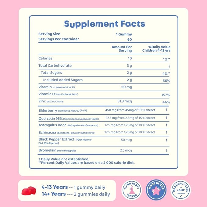 JoySpring Immune Support Gummies for Kids – Quercetin Bromelain Elderberry Supplement – Immune Support with Vitamin C and Zinc – 60 Elderberry Gummies for Kids