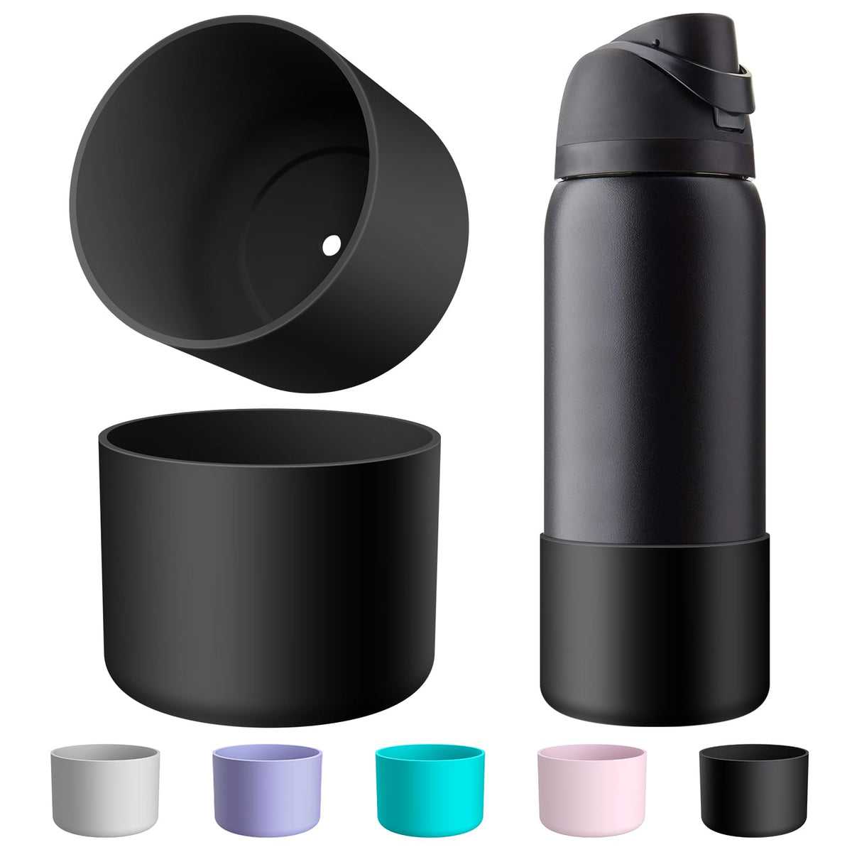 Comheral 2PCS Silicone Water Bottle Boot for Owala 32oz, Anti-Slip Protective Sleeve Bottom Bumper for FreeSip, Twist, and Flip Stainless Steel Bottles, Dishwasher Safe and BPA Free(Black)