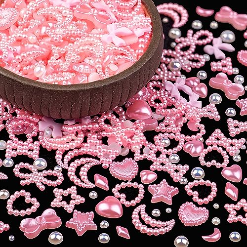 600Pcs 3D Multi Shapes Nail Charms and Flatback Pearls, Light Pink&White Mix Styles Heart Star Bow Sunflower Embellishments for Nail Art, Craft and Decoration with Tweezer and Pickup Pencil