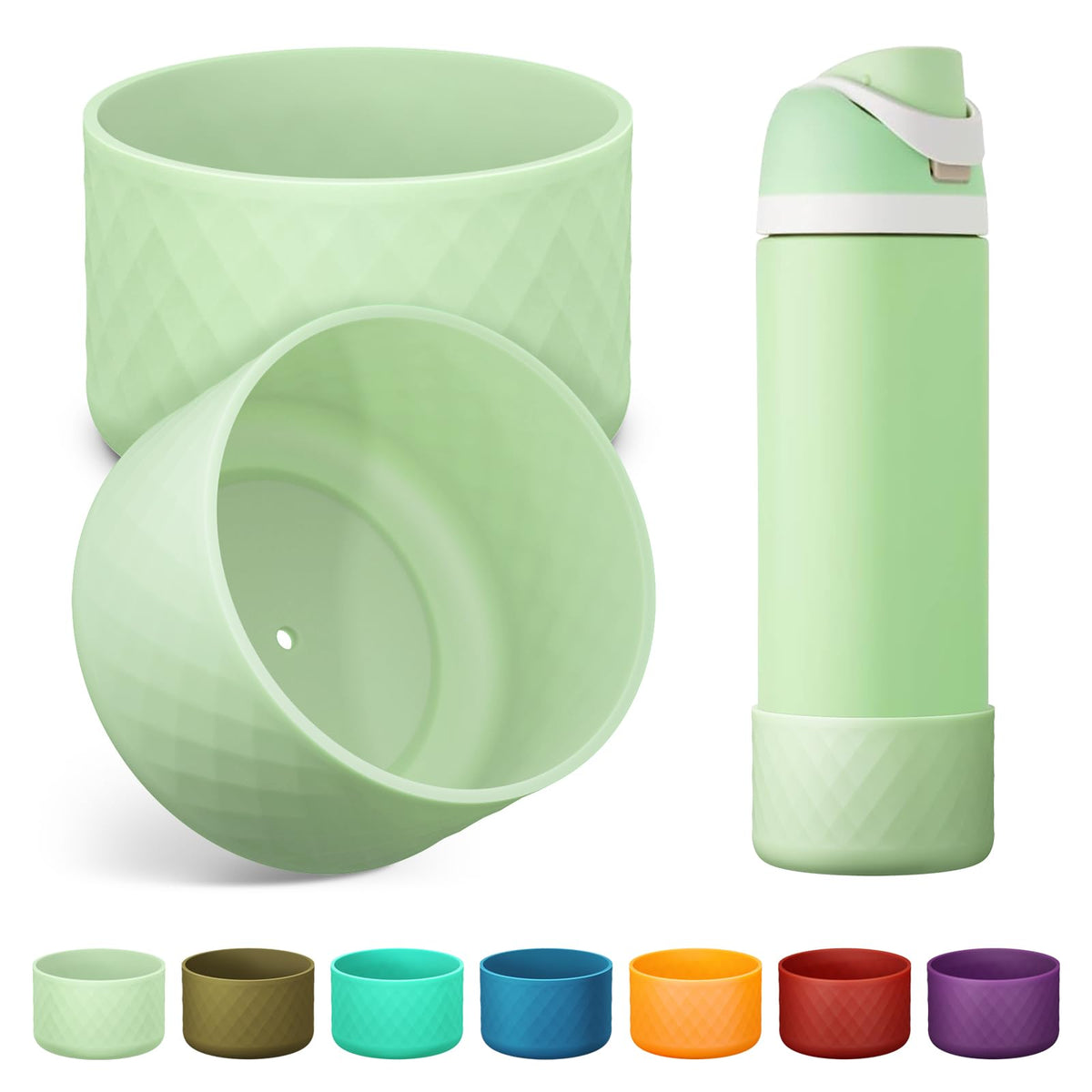 Alwenid 2PCS Silicone Water Bottle Boot for Owala 24 Oz, Anti-Slip Protective Sleeve Bottom Bumper Protector for FreeSip, Twist, and Flip Stainless Steel Water Bottles (Light Green)