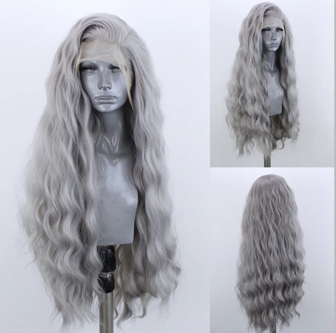 WXHWCX Grey Long Curly Synthetic Lace Front Wigs for Women Middle Part Natural Hairline Lace Wigs Daily Party Use