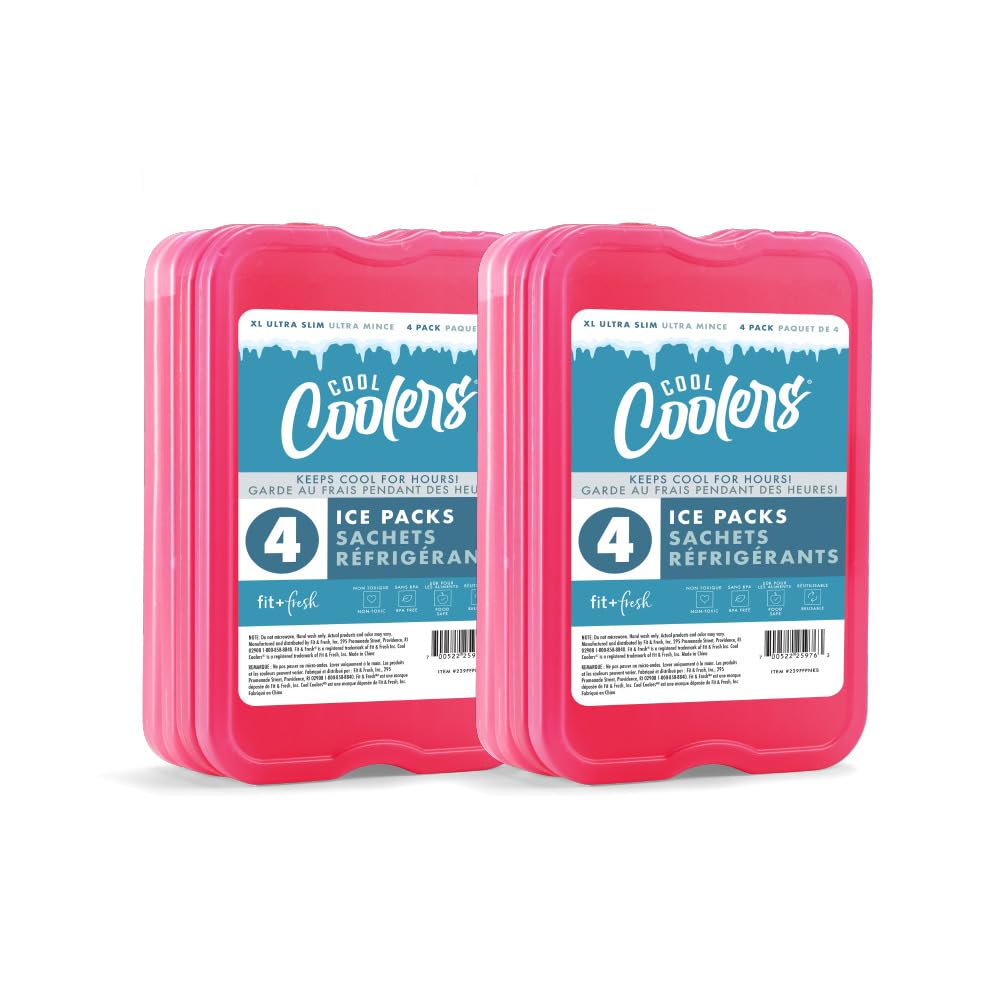 Fit & Fresh Cool Coolers, Reusable & Long-Lasting XL Slim Ice Packs, Cold packs for lunch boxes, ice pack for lunch bags. Cooler accessories for Camping, Beach, Lunch, and Work, 8PK, Pink