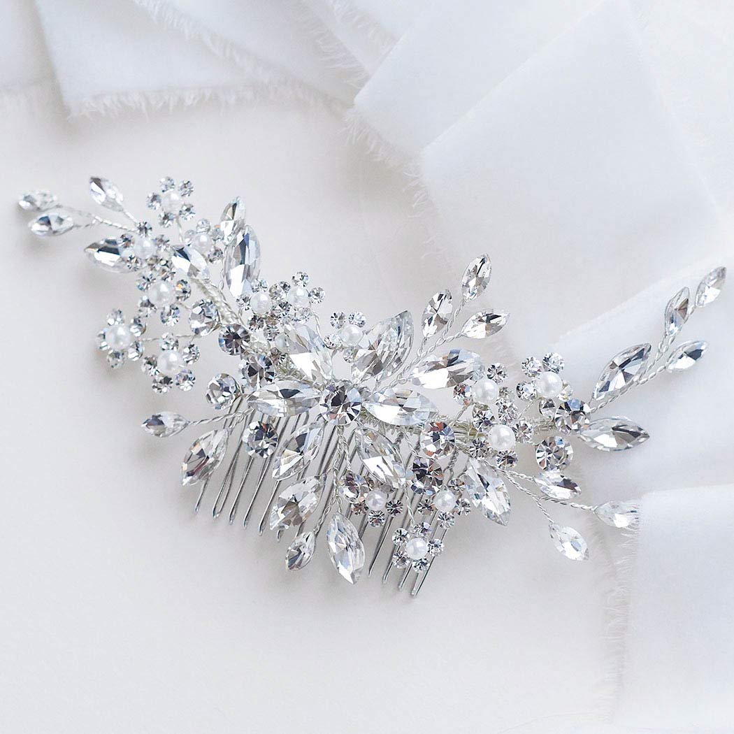 Catery Crystal Bridal Hair Combs Rhinestones Hairpieces Flower Wedding Clips Accessories for Brides and Women Pack of 1(Silver)