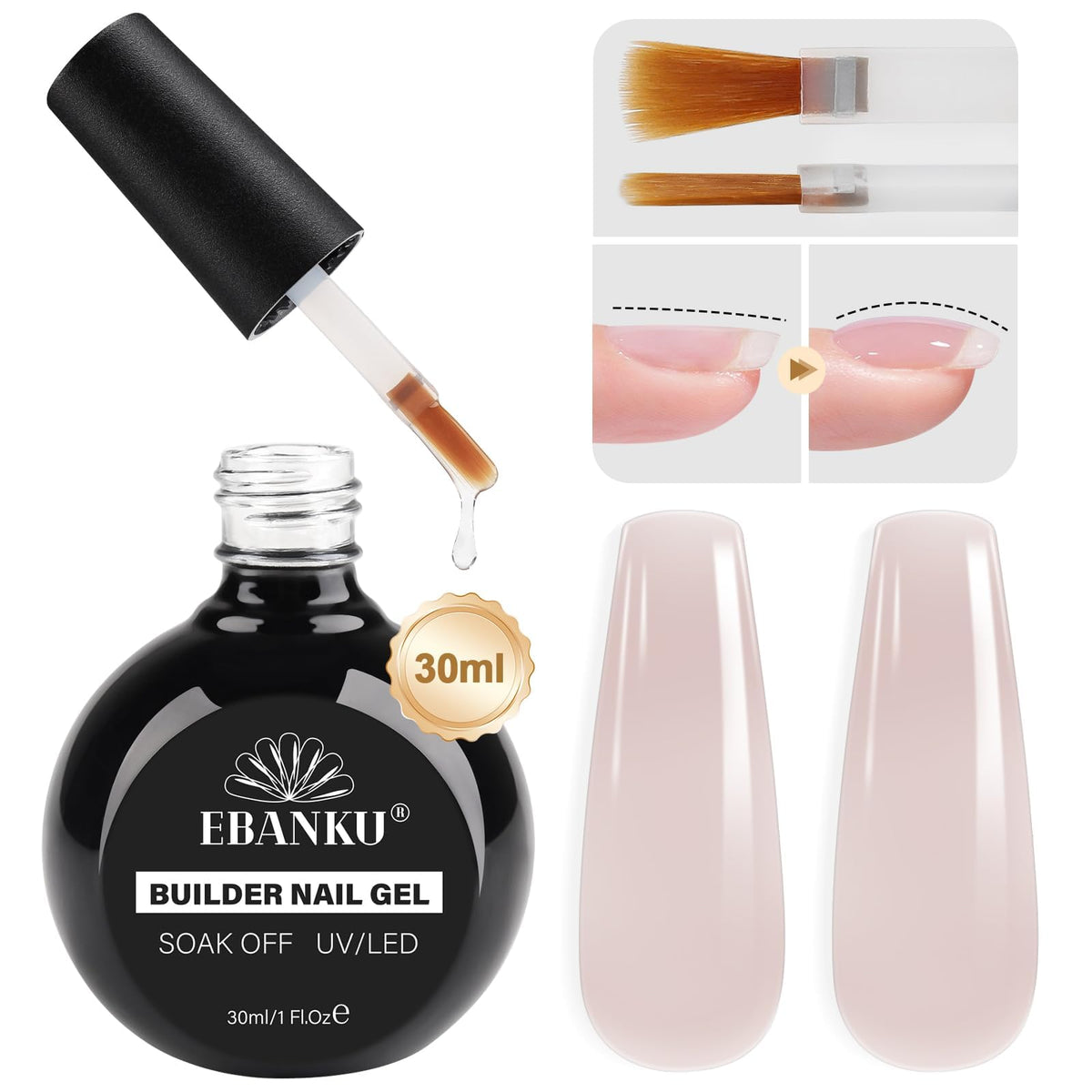 EBANKU 30ML Gel Builder for Nails, 8 in 1 Nail Strengthener Extension Gel Hard Gel Builder Ultra-thin Brush in Bottle for Apex Nail Building,Base Coat Top Coat Needed