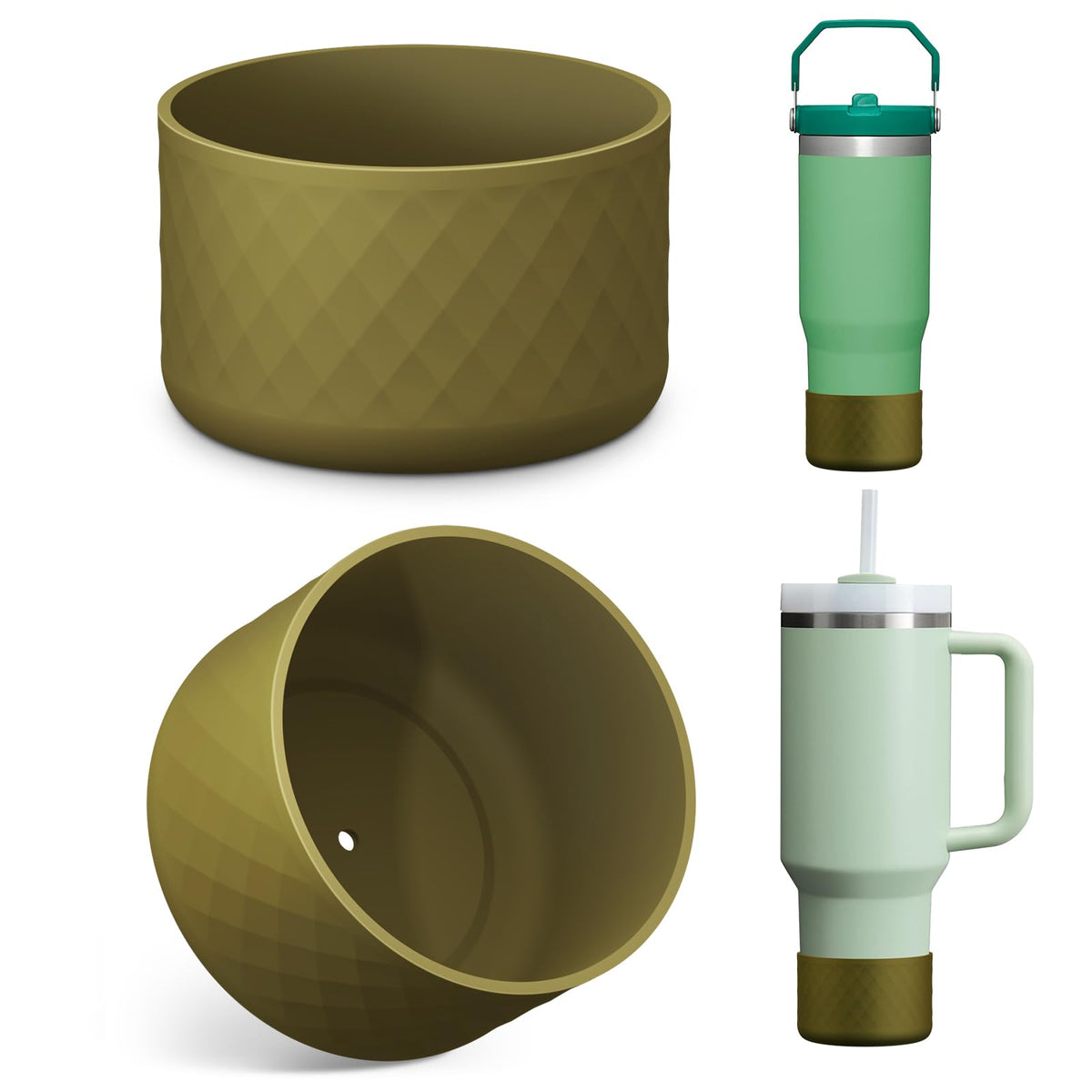 Upgrade 2PCS Protective Silicone Boot Bumper for Stanley Quencher Adventure 40oz 30oz IceFlow 20oz 30oz Tumbler, Water Bottle Bottom Sleeve Cover Accessories for Stanley Mug Cup(Brown Green)