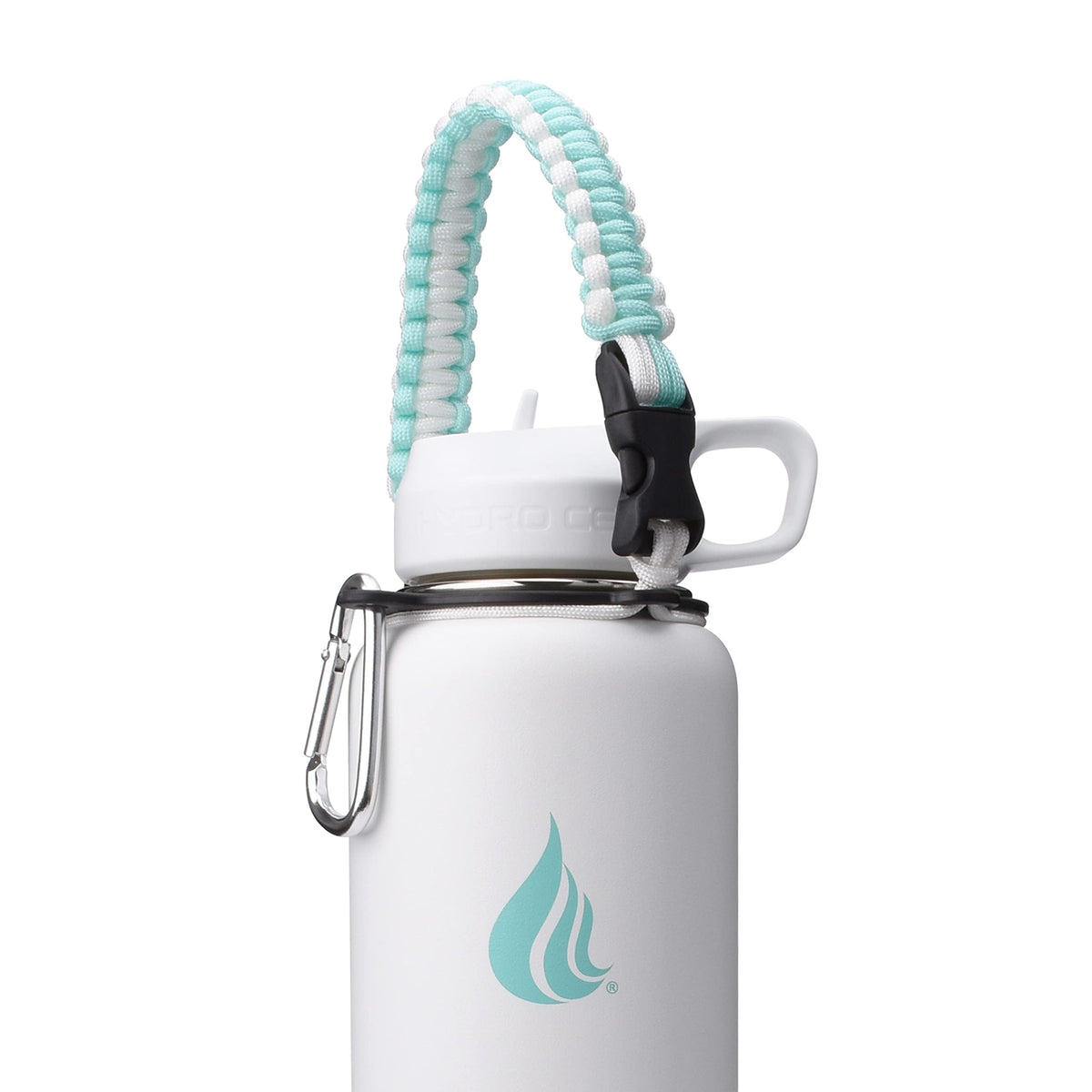 HYDRO CELL Paracord Handle for Wide Mouth Water Bottles - Carrier Strap w/Attachment Ring and Carabiner Accessory. Compatible w/ 64oz, 40oz 32oz, 24oz, 18oz, 14oz Insulated Bottles (Teal/White)