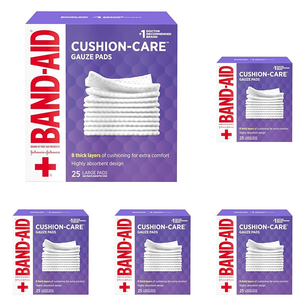 Band-Aid Brand Absorbent Cushion Care Sterile Square Gauze Pads for First Aid Protection of Minor Cuts, Scrapes & Burns, Non-Adhesive, Wound Care Dressing Pads, Large, 4 in x 4 in, 25 ct (Pack of 5)