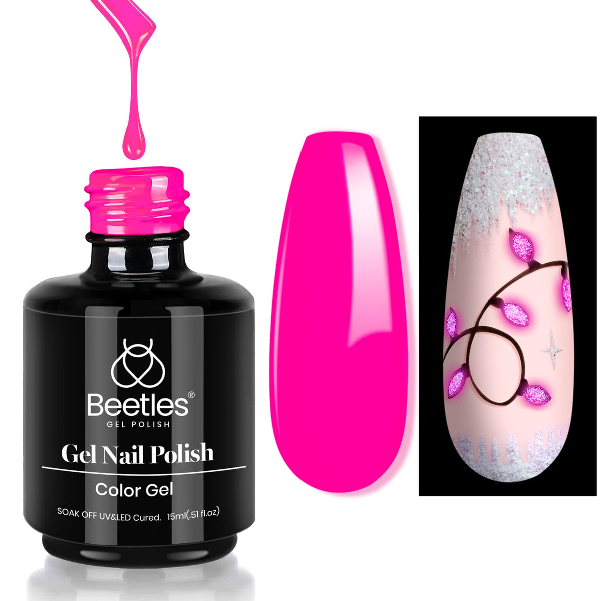 Beetles Hot Pink Gel Nail Polish 15ml 0.5oz Glow in the Dark Pink Neon Gel Polish Soak Off Uv LED Nail Lamp Nail Art Manicure Salon DIY Home for Women Girls