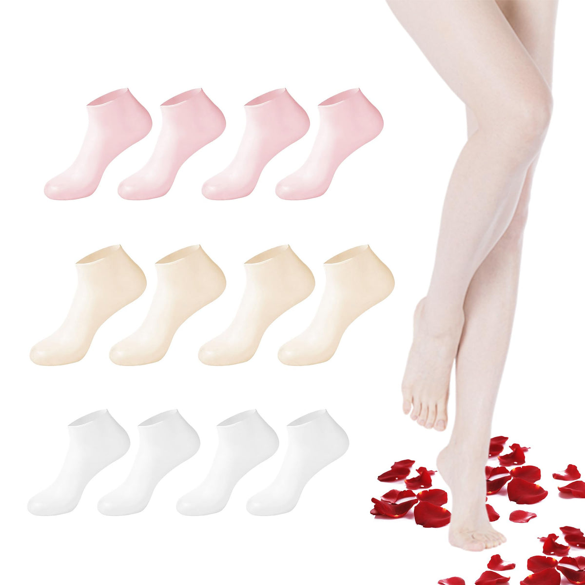 Aloe Vera Silicone Socks for Women - 6 Pairs, Moisturizing Spa Pedicure Socks for Repairing Dry Feet, Cracked Heels & Softening Rough Skin - Pink, White & Beige