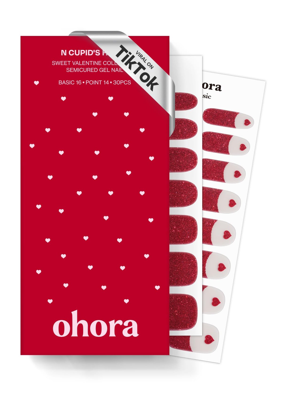 ohora Semi Cured Gel Nail Strips (N Cupid's Heart) - Red, Glitter, Works with Any UV/LED Lamps, Salon-Quality, Long Lasting, Easy to Apply & Remove - Includes 2 Prep Pads, Nail File & Wooden Stick