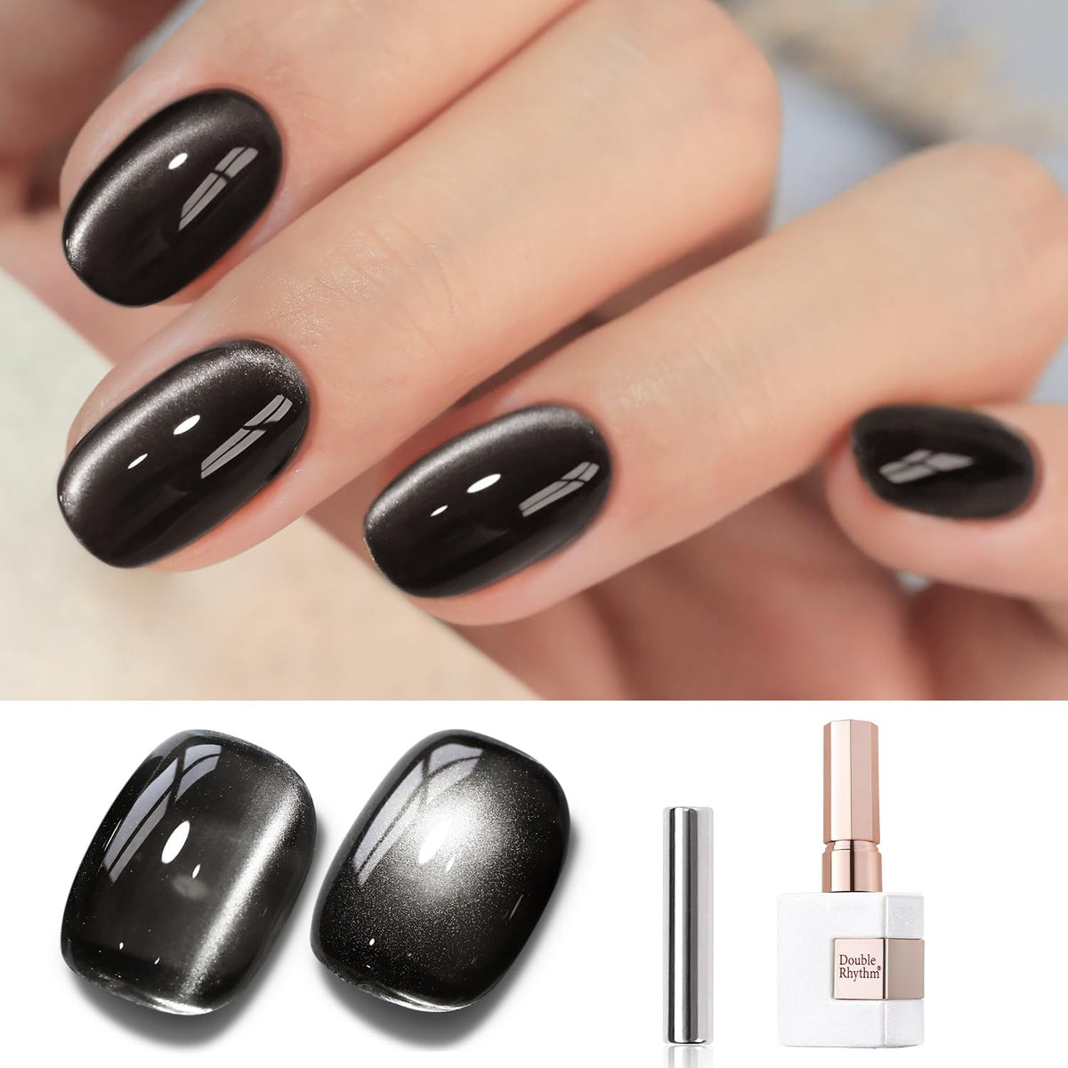 Double Rhythm Jelly Glass Cat Eye Gel Polish with Magnet 15ML Holographic Glitter Shimmer Translucent Sheer Color Magnetic Nail Polish Salon DIY at Home (Jelly Black-MC1115)