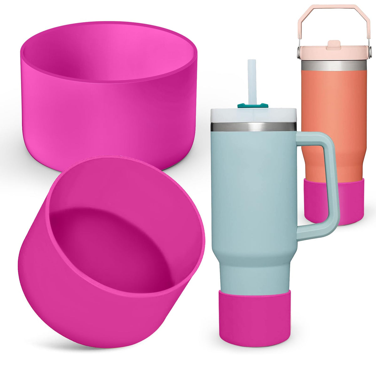 AIERSA 2Pcs Silicone Boot Sleeve for Stanley Quencher 40 oz 30 oz Tumbler with Handle & for IceFlow 20oz 30oz, Protective Water Bottle Cup Bottom Bumper Cover for Stanley Tumbler Accessories,Dark Pink