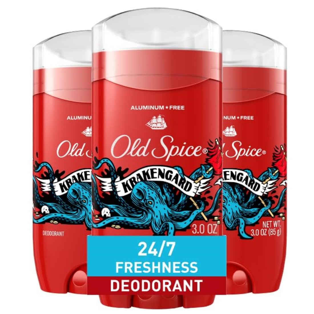 Old Spice Aluminum Free Deodorant for Men, 24/7 Odor Protection, 24/7 Freshness & Lasting Scent, Krakengard Scent, 3.0 oz (Pack of 3)