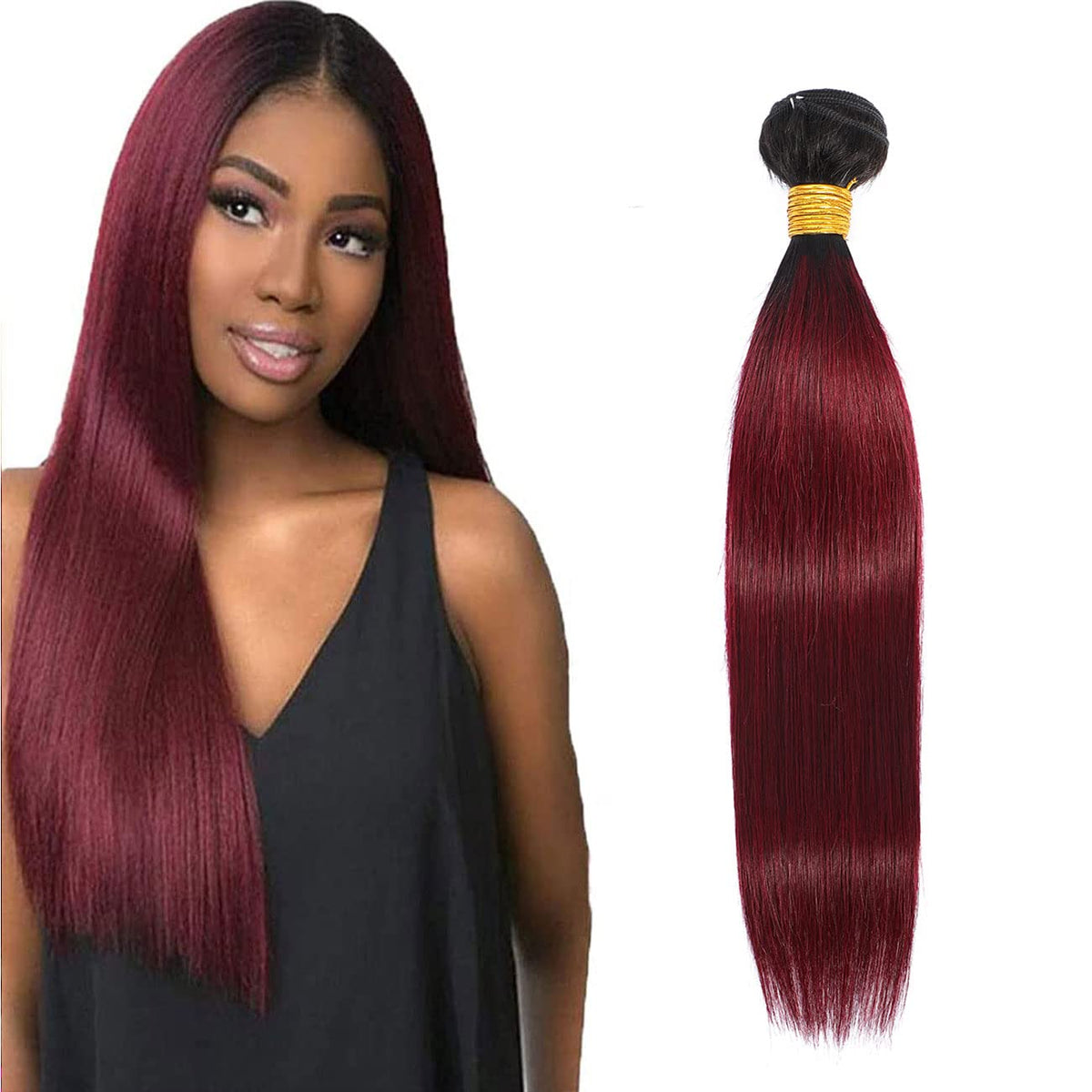 Ombre 1B99J Human Hair Burgundy Straight Hair 1Bundle Brazilian Human Hair Two-Tone Extensions 100% Human Hair 8A Grade 16 inch