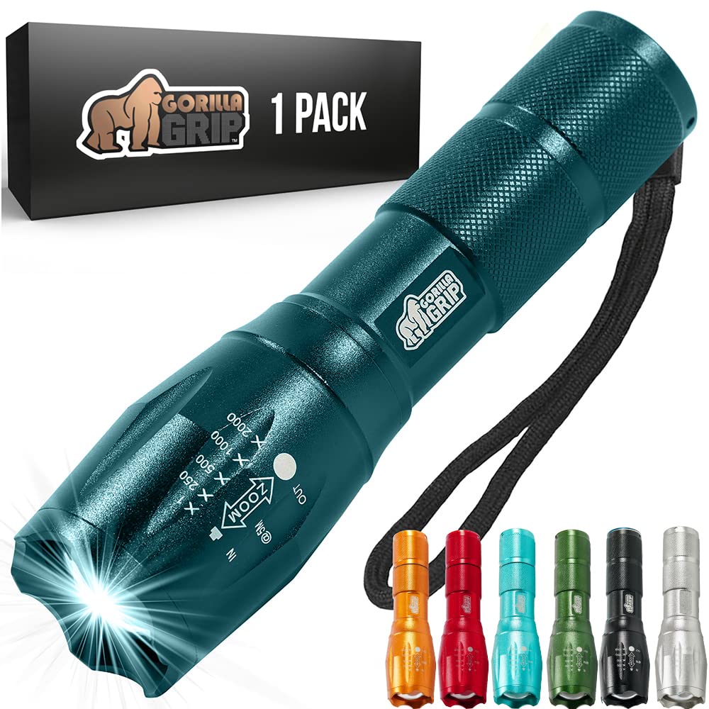 Gorilla Grip Powerful LED 750 FT Water Resistant 5 Adjustable Mode Tactical Flashlight, High Lumens Ultra Bright Battery Life Zoom Flashlights, Small Camping Car Mini Flash Light Accessories Teal Blue