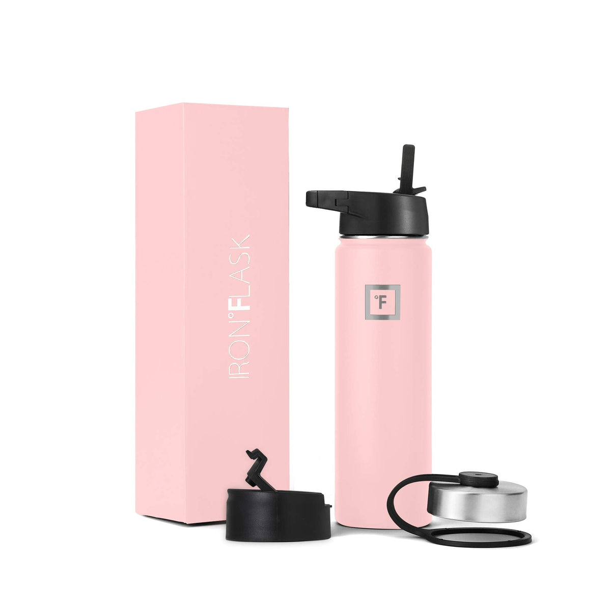 IRON °FLASK Camping & Hiking Hydration Flask, Wide Mouth, 3 Straw Lids, Stainless Steel Outdoor Water Bottle, Double Walled, Insulated Thermos, Metal Canteen - Rose, 22 Oz