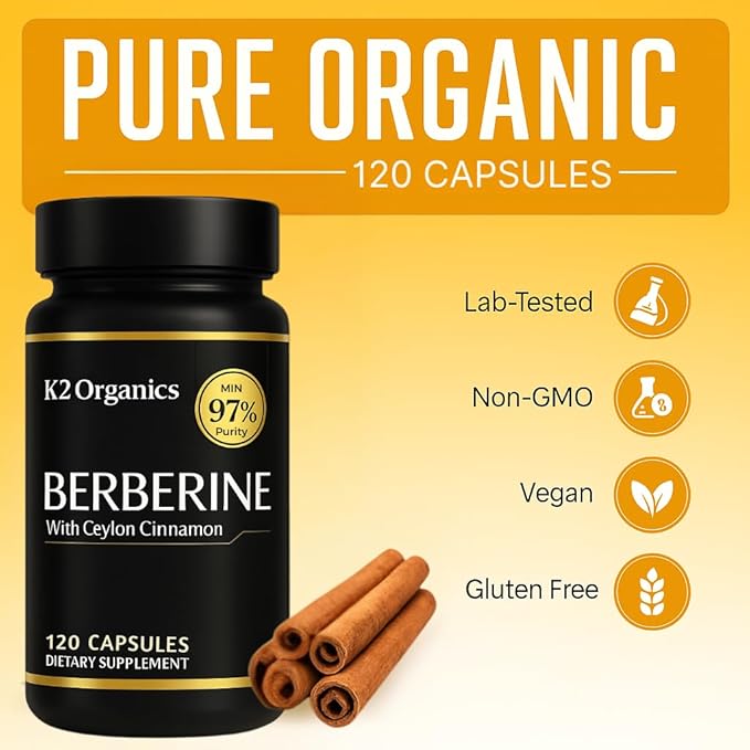 Berberine with Ceylon Cinnamon 1200mg – 97% Purity- Non-GMO, Gluten-Free, Lab-Tested Vegan Berberine Supplement (120 Count (Pack of 1))