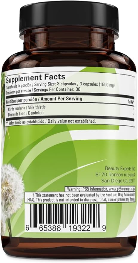 Cardo Mariano reforzado con diente Leon (Milk Thistle Reinforced with Milk Thistle) 90 Vegetable Capsule 1500 mg per Serving, Root Liver Health Support, Antioxidant Support, 100% Natural, Made in USA
