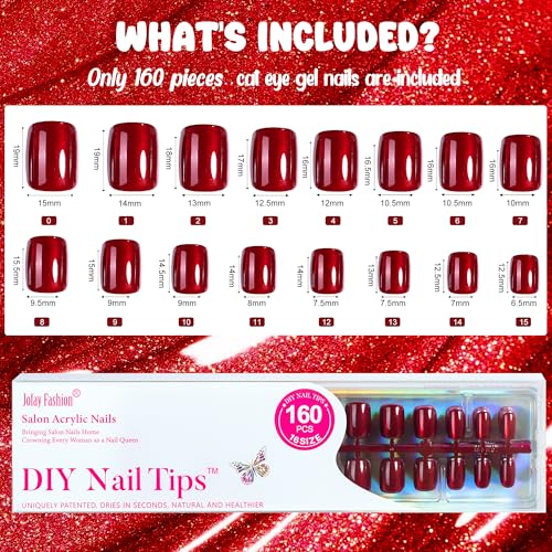 Cat Eye Press on Nails Red - 5 Styles Red Press on Nails Short Square, Soft Gel x Coat Nails False Nails, Bt Art Box Press On Nails in 16 Sizes -160 PCS Soft Gel Fake Nails Kit
