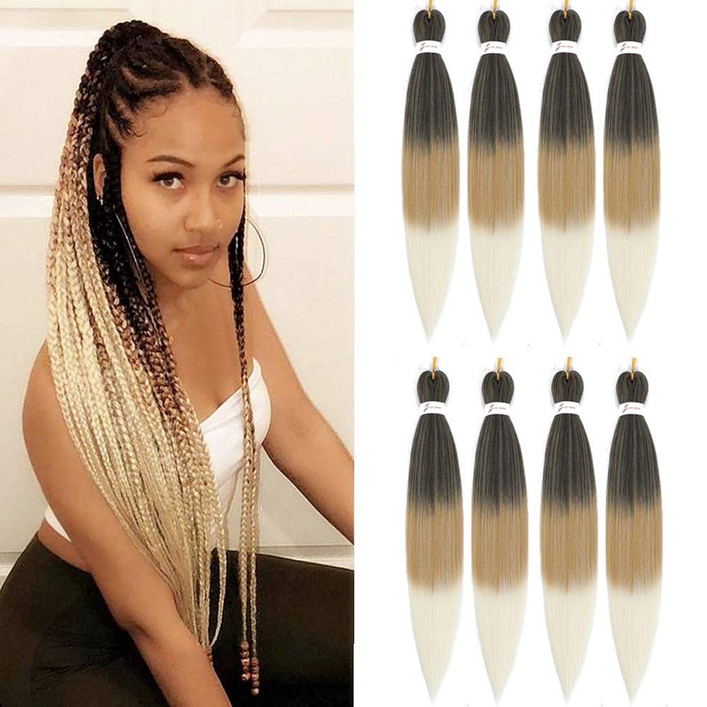 Ombre Braiding Hair Pre Stretched 26 Inch Brown Blonde Braiding Hair 8 Packs Easy Braids Hair Yaki Straight Hot Water Setting Synthetic Braiding Hair Extensions for Crochet Hair Braiding Twist