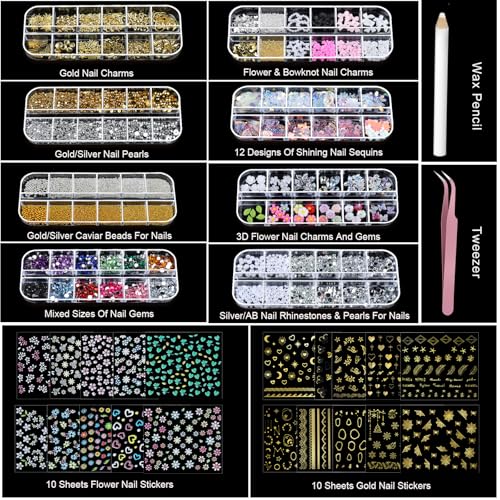 Teenitor Nail Charms Nail Stickers for Nail Art Kit, 8 Boxes Nail Rhinestones Nail Gems Pearls for Nails with 20 Sheets Nail Art Stickers, 3D Gold Nail Charms and Gems Nail Supplies Nail Art Tools