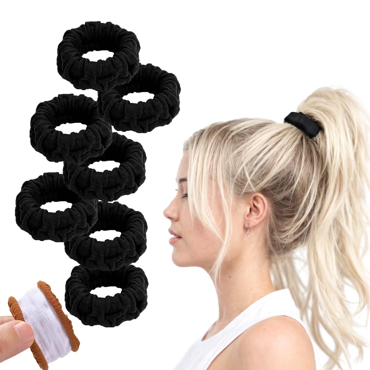 Vrose Flosi Hair Scrunchies For Women's Hair Black Seamless Hair Ties No Damage Ponytail Holders With All Day Hold Thick & Curly & Fine Hair Accessories Strong Elasticity No Snagging Dents Breakage