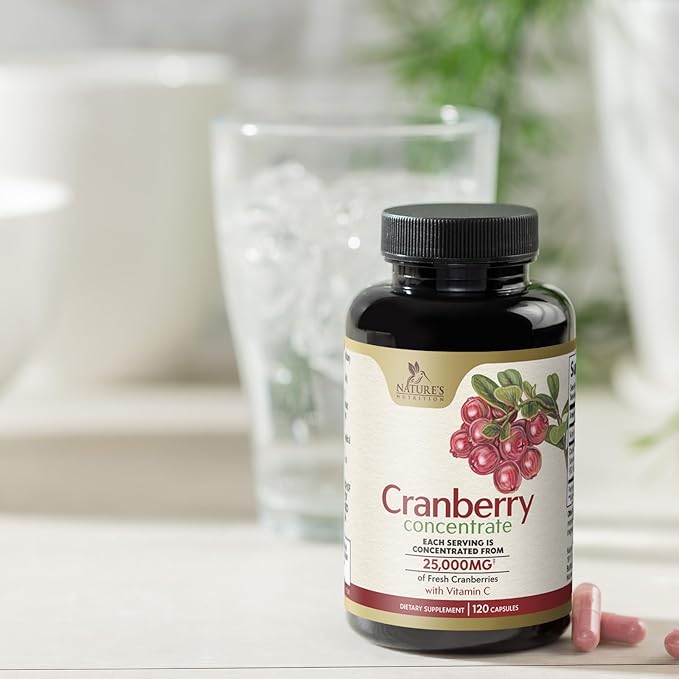 Cranberry Concentrate Extract Supplement for Women & Men + Vitamin C - 25,000mg Formula for Urinary Tract Health Support, Non-GMO and Gluten Free, Cranberry Pills Supplement - 120 Capsules