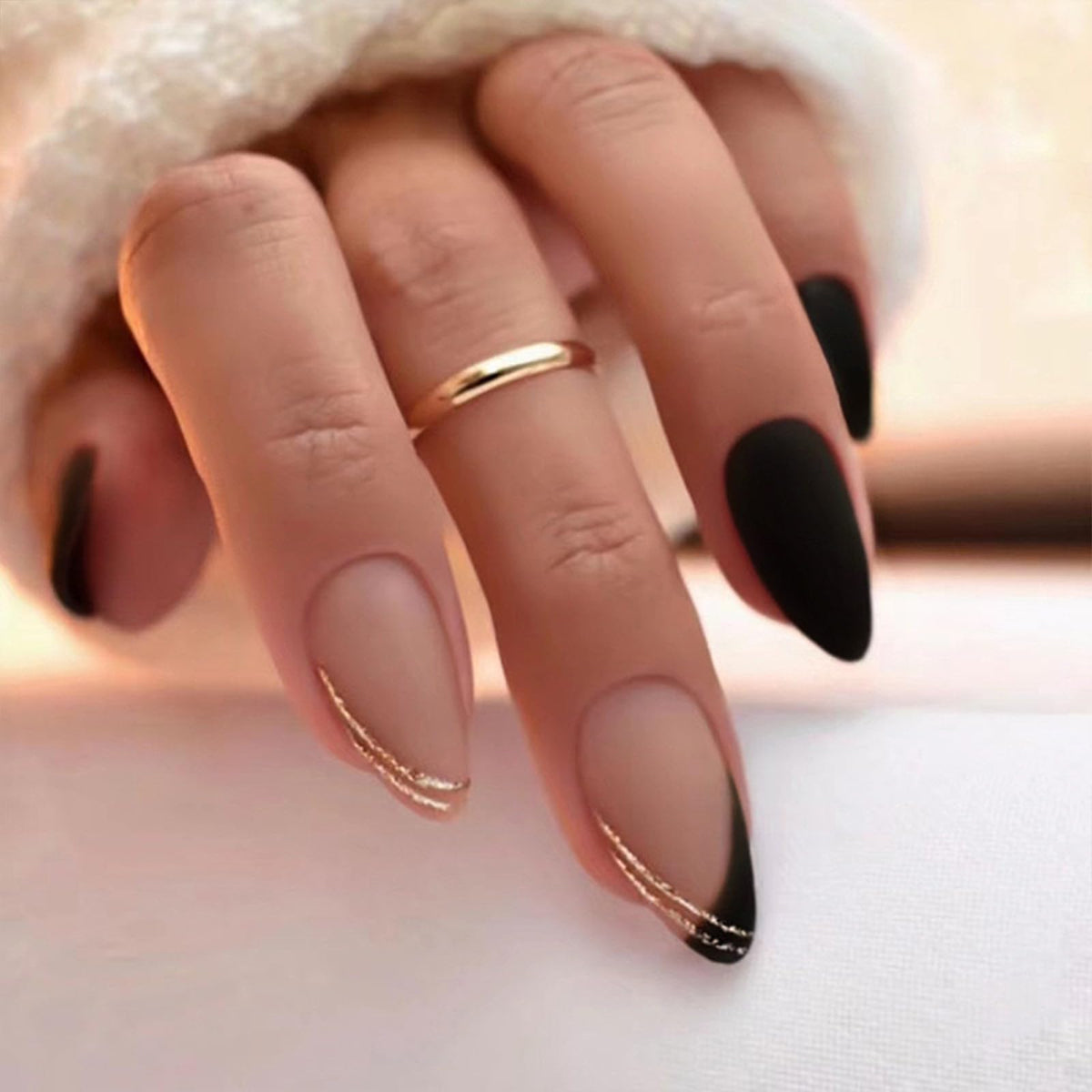 Black Press on Nails Medium Almond Fake Nails Matte False Nails Press ons with Designs French Tip Acrylic Full Cover Glue on Nails Artificial Stick on Nails for Women Manicure 24 Pcs