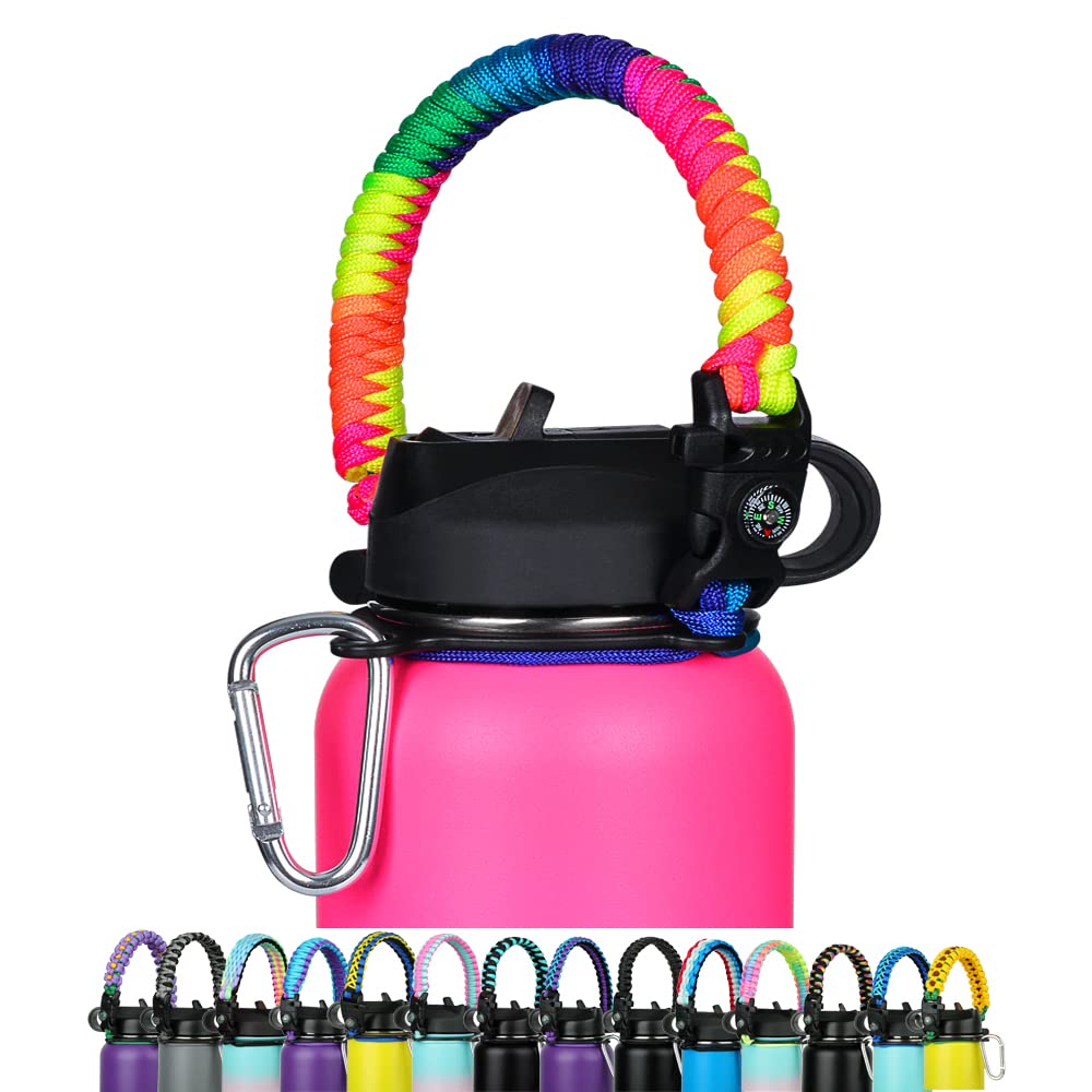 Paracord Handle - Fits Wide Mouth Bottles 12oz to 64oz - Durable Carrier, Paracord Carrier Strap Cord with Safety Ring,Compass and Carabiner - Ideal Water Bottle Handle Strap (Rainbow Circular)