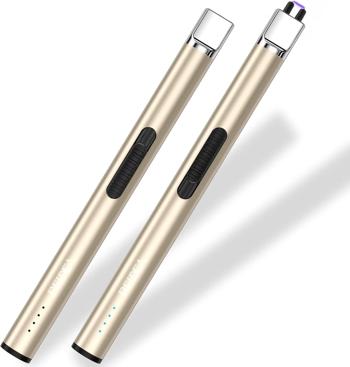 REIDEA Lighters 2 Pack S4 Pro Electric USB Rechargeable Safety Lock with LED Battery Indicator Flameless Windproof Arc Plasma Lighter for Candle, Fireworks (Champagne Gold)