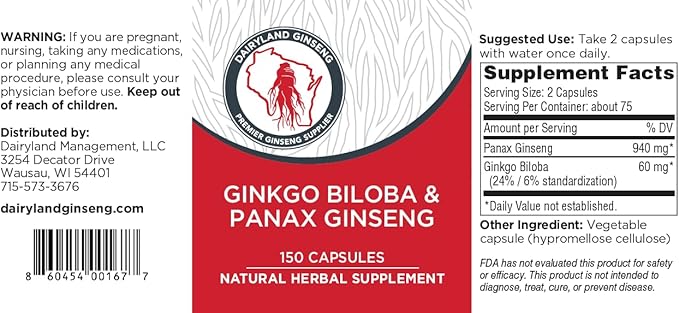 Dairyland Management Panax Ginseng + Gingko Biloba Capsules 150ct 1000 mg of Panax Ginseng, 60 mg of Gingko Biloba per Serving