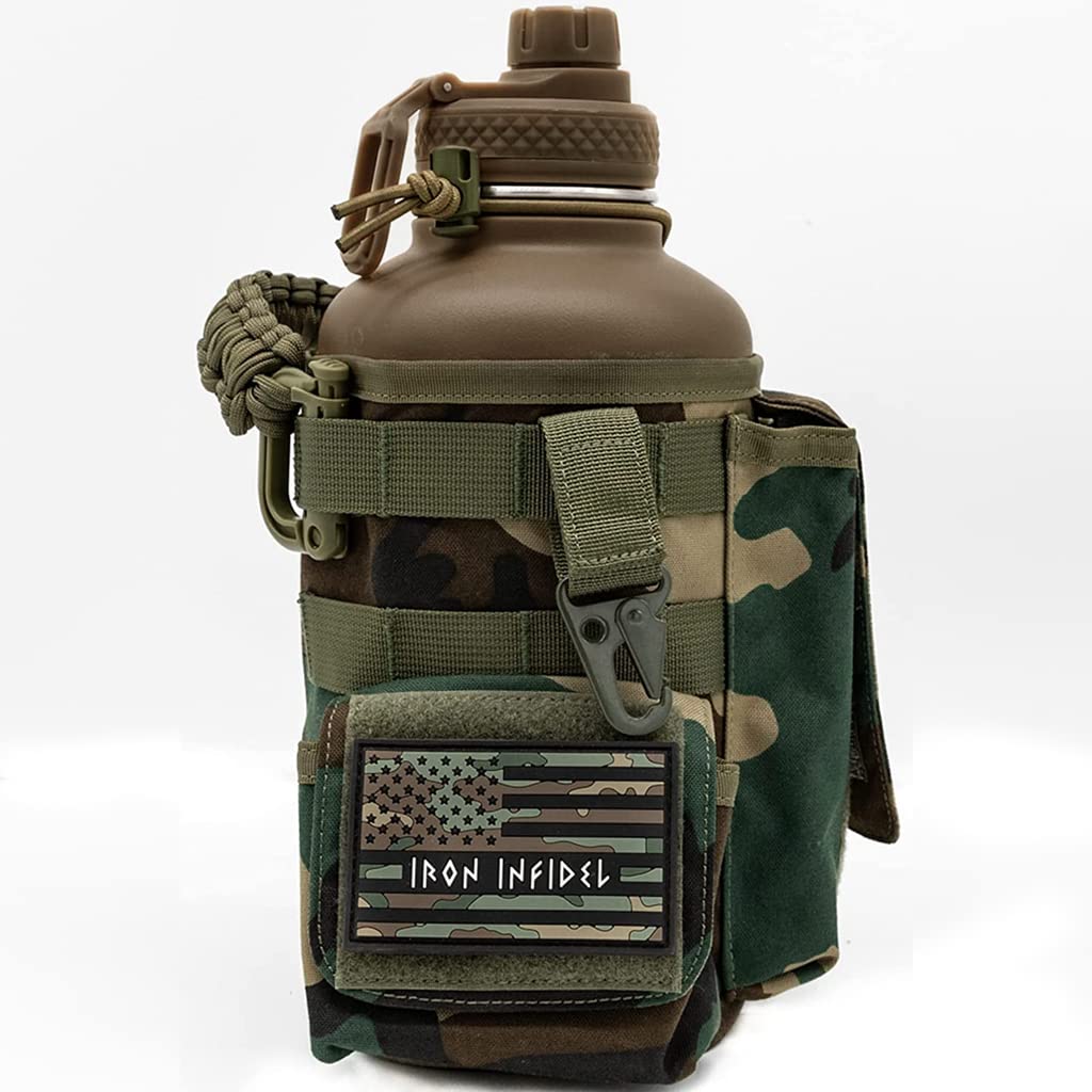 Iron Infidel Battle Bottle - Half Gallon Water Bottle Insulated, 64 oz Stainless Steel Water Jug with Handle- Gym Water Bottle for Men with Rugged Sleeve for Storage (Woodland 2 Liter)