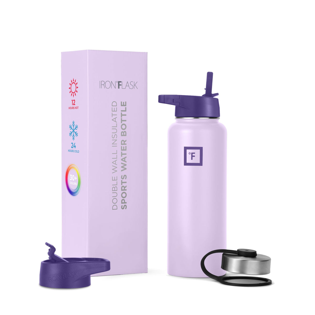 IRON °FLASK Camping & Hiking Hydration Flask, Wide Mouth, 3 Straw Lids, Stainless Steel Outdoor Water Bottle, Double Walled, Insulated Thermos, Metal Canteen - Lavender Bliss, 40 Oz