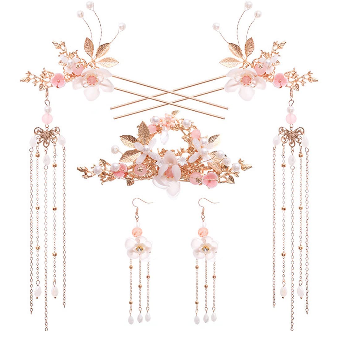 Alloy Hair Sticks Pins Long Tassel Hanfu Chinese Hair Comb/Earrings Set of 1 Traditional Classical (Style D)