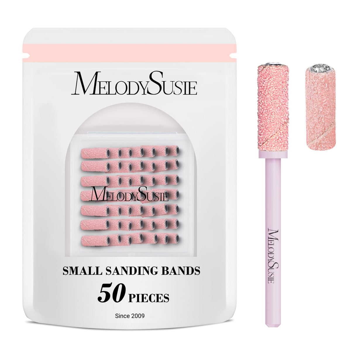 MelodySusie 50 Pcs Nail Drill Bits Small Sanding Bands with 3.1mm Mandrel Bit, 120 Medium Grit Nail File for Acrylic Nails Gel Manicures and Pedicure, Pink