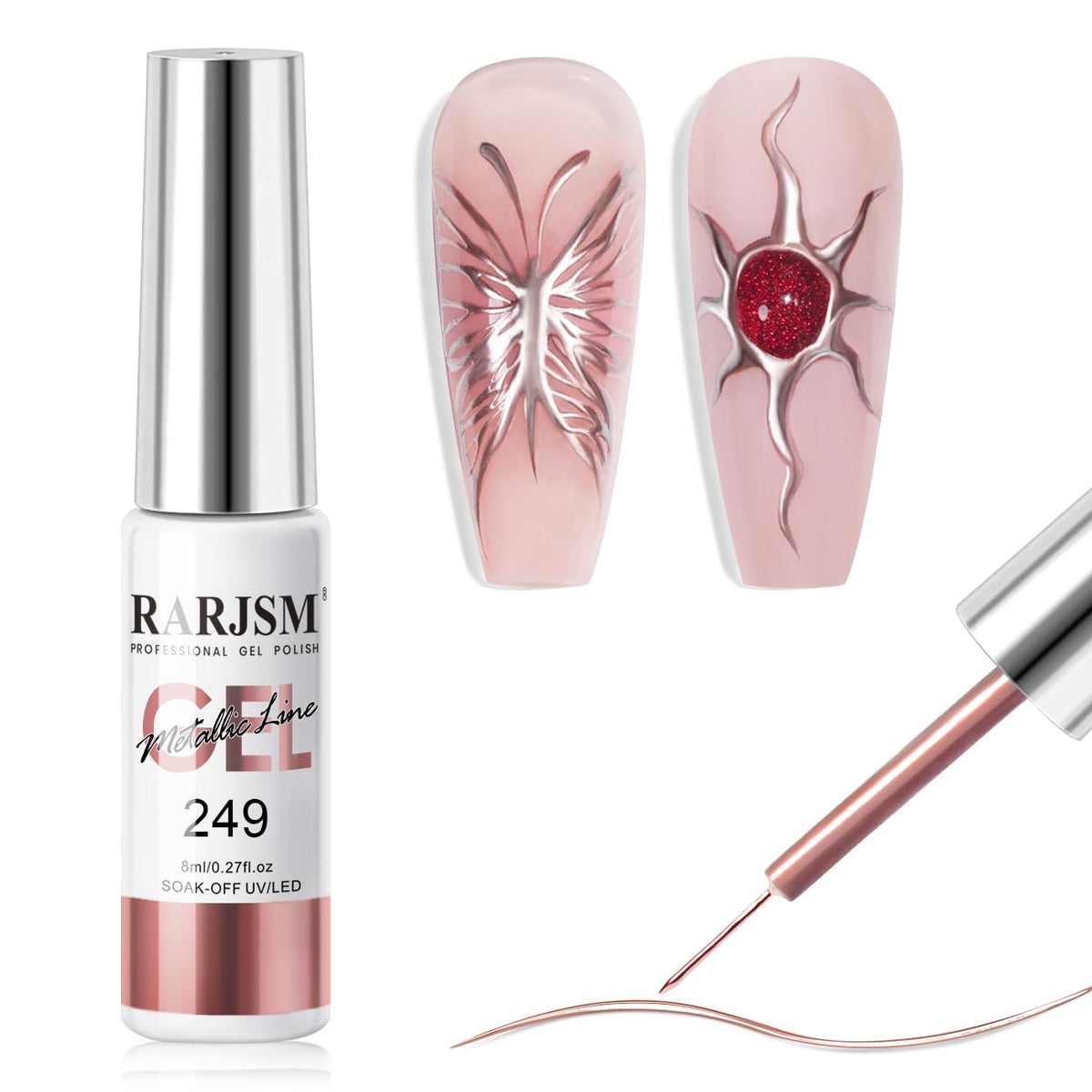 RARJSM Metallic Gel Liner Nail Art Rose Gold 3D Mirror Chrome Effect Gel Nail Polish 8ml Painting Build in Thin Brush Metal Painted Drawing Striper Gel Polish Soak off Curing Requires for Home Salon