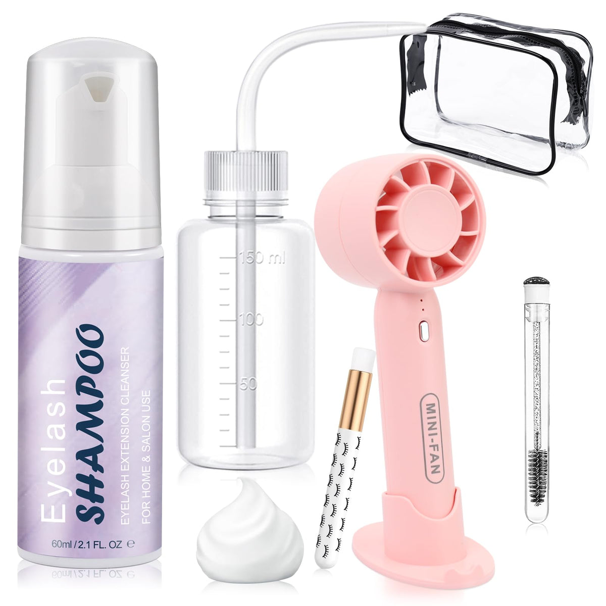 LZM Lash Shampoo Kit with Rechargeable Lash Fan Dryer, Eyelash Extension Cleanser Foam Cleaning Kit for Wash Eyelash Extensions, with Bottle & Brush Oil Free (60ml 2.02 fl oz)