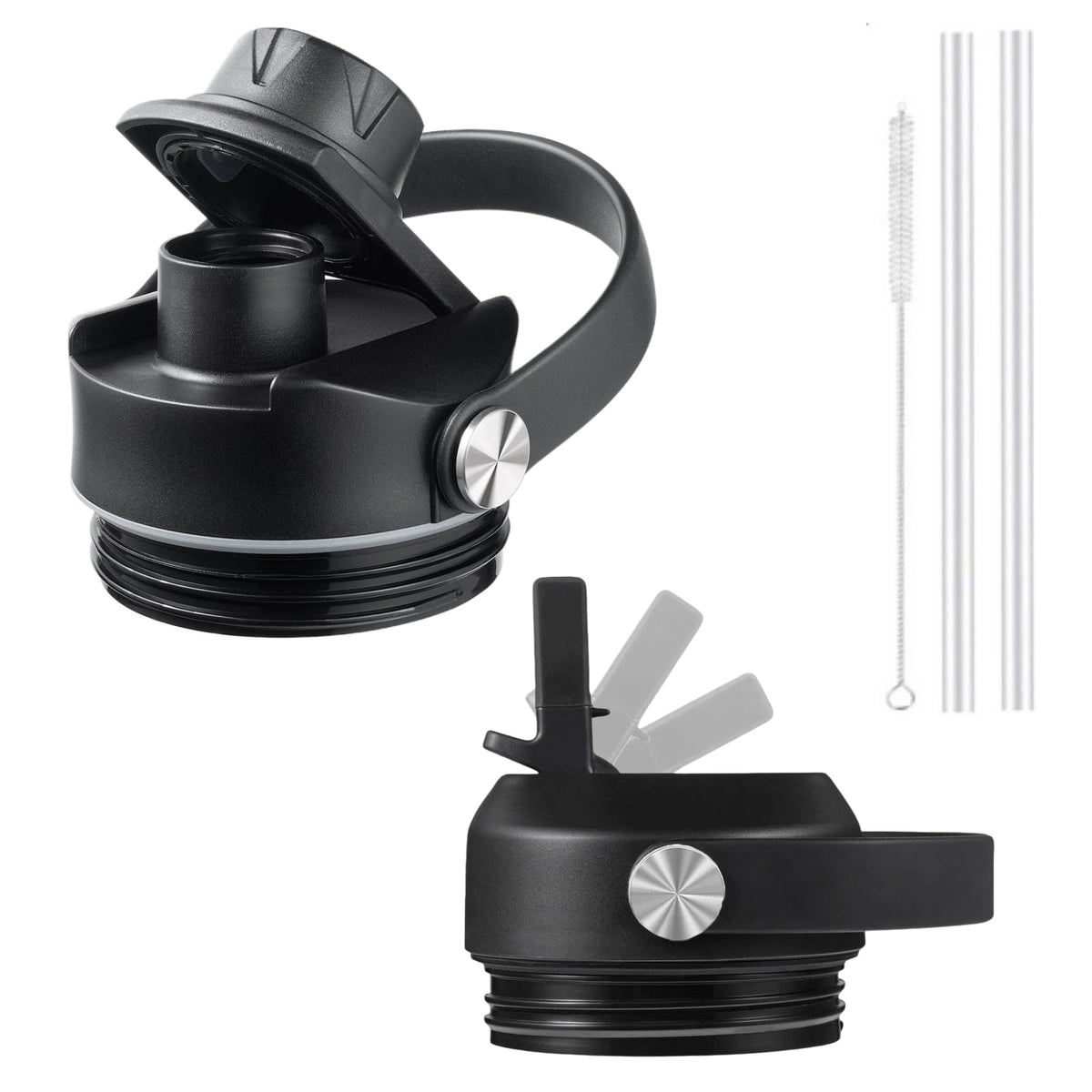 Straw lid for Yeti Rambler 18 26 36 64 oz, Lid with Straws and Flexible Handle, Replacement Cap for Yeti 18oz 26oz 36oz 64oz Rambler Water Bottle Straw Cap (Black+Black Spout)