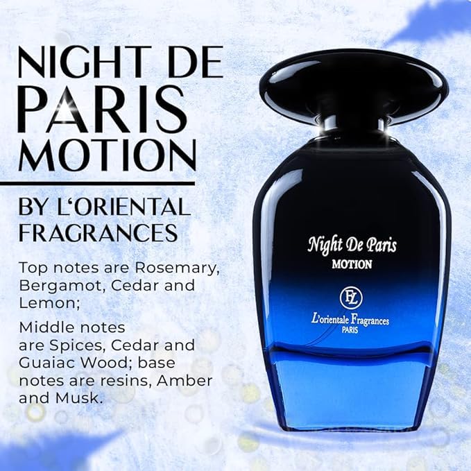 L'Orientale Fragrances Night De Paris in Motion 100ml / 3.3oz - Oil-Based Perfumes for Women & Men, Unisex Amber Vanilla Eau de Parfum w/Bergamot - Long-Lasting Up to 24 Hours, Ideal for All Seasons