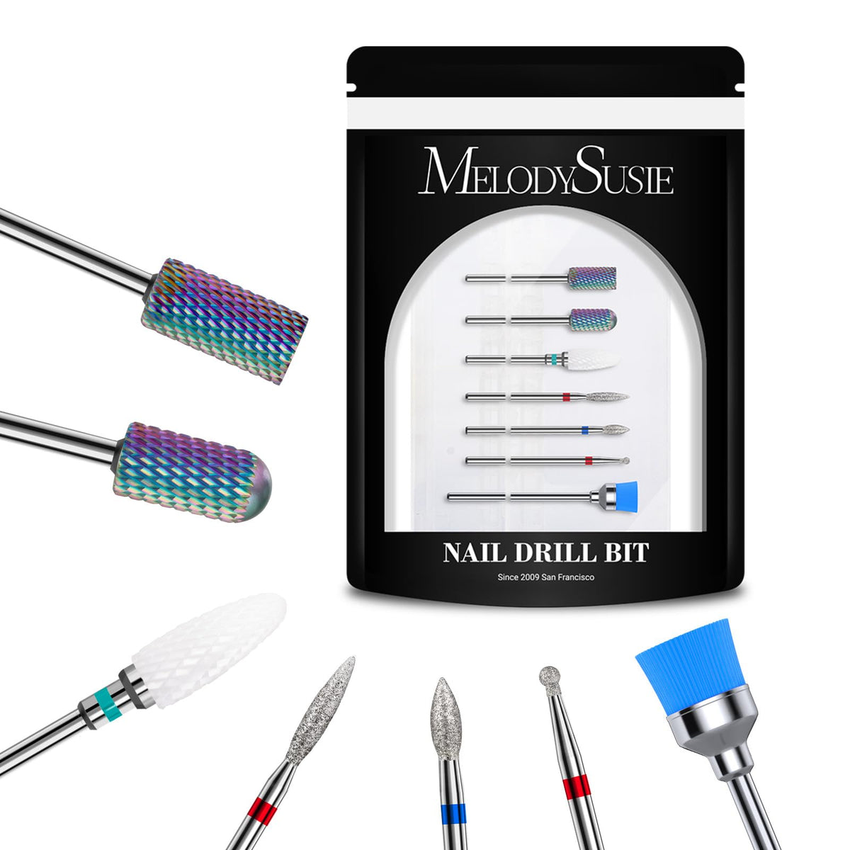 MelodySusie Nail Drill Bits Set, 7Pcs Professional Tungsten Carbide Ceramic Acrylic Nail File Drill Bit for Manicure Pedicure Cuticle Gel Nail Polishing